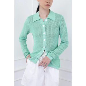 C/MEO Collective Green Lucid Knit Button Up Mesh Longsleeve Cardigan Sweater Top